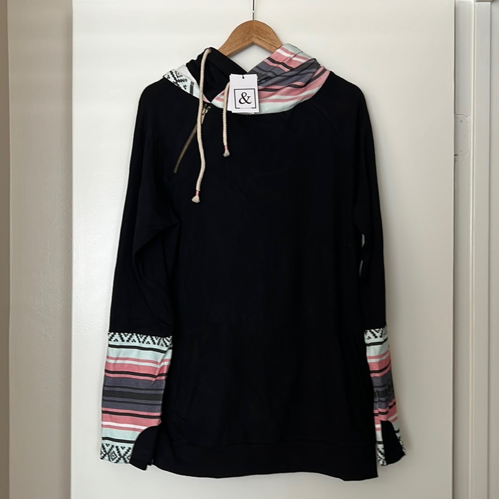 BNWT Ampersand DoubleHood™ Sweatshirt - XXL black with pink, pale blue stripes.